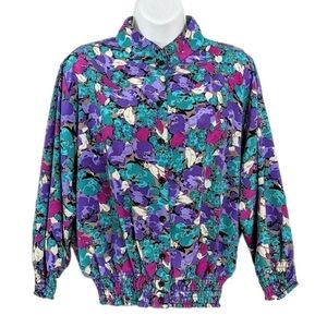 VINTAGE 90s floral blouse turquoise purple button up shirt Medium @L